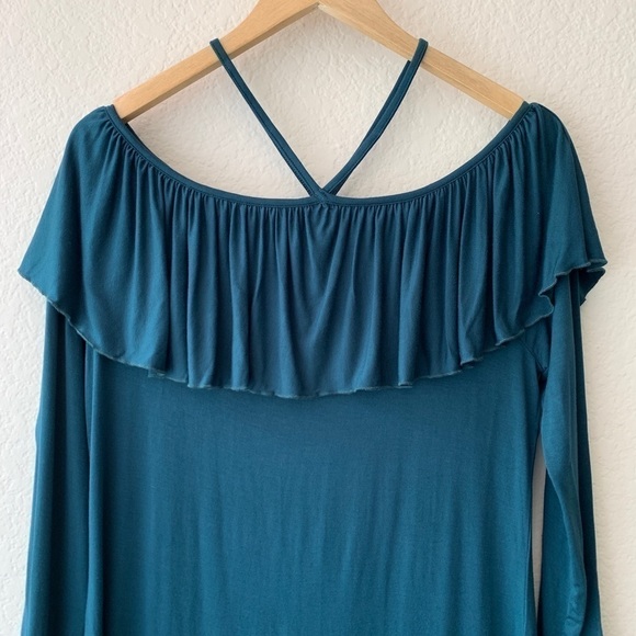 Chaser Teal Ruffle Open Shoulder Mini Dress M - Picture 3 of 11